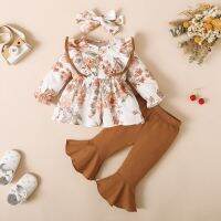 Infant Toddler Baby Kid Girls Clothes Set Ruffled Flower Printing Tops Solid Colored Flared Pants Outfits newborn clothes