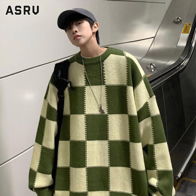 ASRV เสื้อกันหนาว ผช เสื้อกันหนาว ผู้ชาย สเวตเตอร์ชาย sweaters for men เสื้อกันหนาวลายตารางหมากรุกของผู้ชาย,สเวตเตอร์ถักรอบคอหลวมสไตล์อังกฤษใหม่แขนยาวผู้ชายทันสมัย