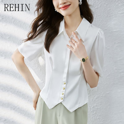 REHIN เสื้อแฟชั่นสไตล์เกาหลีแบบใหม่คอวีของผู้หญิง,เสื้อผู้หญิงแขนสั้นผ้าซาตินบางและเสื้อสตรีแบบบางฤดูร้อน