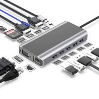 14ใน1 USB C Hub 4K HD ที่ชาร์จแบบไร้สายตัวแปลงแบบหลายพอร์ตกับ PD Type-C แท่นวางมือถือ VGA RJ45 TF การ์ดรีดเดอร์ SD สำหรับ