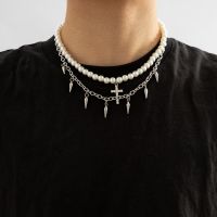 Punk Imitation Pearl Bead Chain Spikes/Cross Pendant Necklace Men Hiphop Layered Stainless Steel Choker Set 2023 Fashion Jewelry