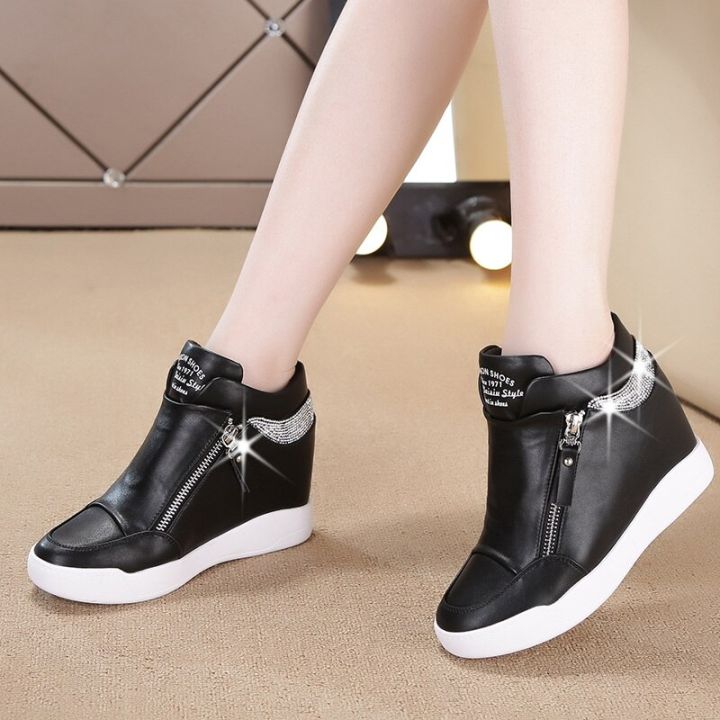 White Black Wedge Platform Shoes Women Sneakers 8CM Hidden Heels Shoes  Woman Fashion Casual Sneaker Ladies Leather Shoes 