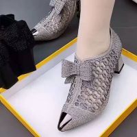 In the spring of 2023 with diamond thick high-heeled pointed black bowknot euramerican fashion net yarn hollow out womens fashion shoes