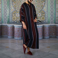 Mens Striped Arabic Dress African Muslim Robe Dashiki Long Top Splicing Summer Clothing Mens Dress Casual Ethnic For Male