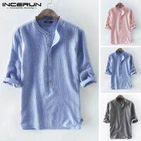 Incerun เสื้อเชิ้ต สีพื้น แขน 3 ส่วน ทรงหลวม สำหรับผู้ชายTH