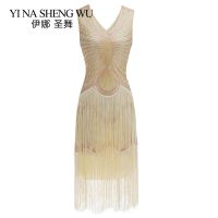 1920S เลื่อม Vintage ชุดพู่แขนกุด Flapper ชุดราตรี V คอ Bodycon Fringed แขนกุดเต้นรำละติน Clothes