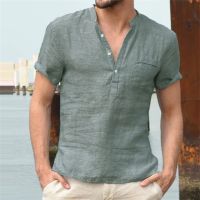 2023 Summer New Mens Short-Sleeved T-shirt Cotton and Linen Casual Mens T-shirt Shirt Male Solid Color Breathable Shirt