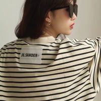 Jil Minimalist Sanderˉ Striped Knitted Long-Sleeved Bottoming Shirt Patch Letter Logo Mens and Womens Long Sleeves Short Sleeved T-shirt