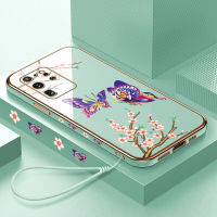 สำหรับ Samsung Galaxy S20ฟรีสายคล้องพิเศษ + คนรักหัวใจรูปแบบขอบสี่เหลี่ยมชุบเคสโทรศัพท์หรูหราชุบเคสโทรศัพท์นิ่ม