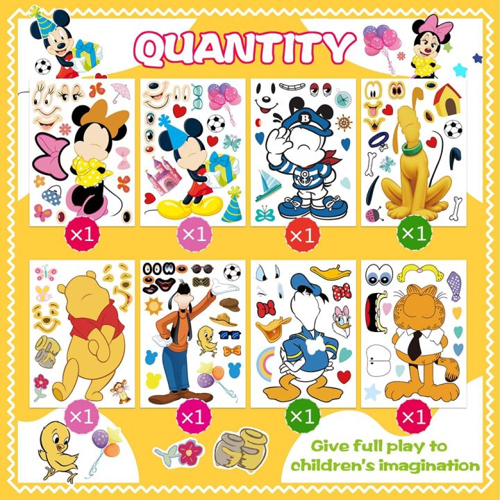 8sheets-disney-cartoon-puzzle-stickers-make-a-face-mickey-donald-duck-cute-children-diy-game-jigsaw-kids-toys-party-decoration-stickers-labels
