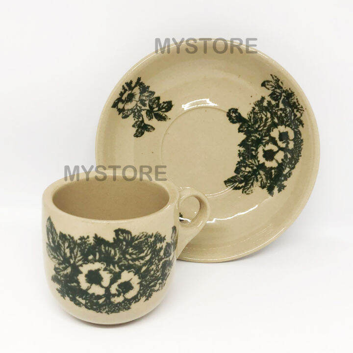 [Extra Thick] Traditional Chinese Floral Green Flower Cup and Saucer