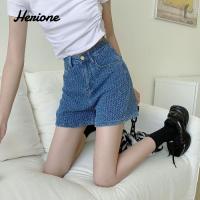 Herione Celana Pendek Denim ทรงเอสำหรับเด็กผู้หญิงกางเกงเอวสูงใส่ลำลองและหลวมสำหรับนักเรียน501b116