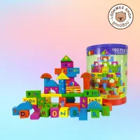 LookmeeShop บล็อกไม้ปราสาท100ชิ้น พร้อมรูปภาพ ภาษาอังกฤษและตัวเลข ชุดบล็อกไม้หลากรูปทรง ของเล่นเด็ก เสริมพัฒนาการ ฝึกสมาธิ สีสันสวยงามสดใส
