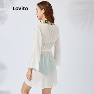 Lovito Boho Plain Collar Straight Basic Lace Up Cover Up L26AD008 (White)