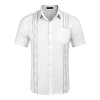 เสื้อแขนสั้นผู้ชายเสื้อ Guayabera มีกระเป๋าเสื้อเชิ้ตผ้าลินินคิวบา Baju Atasan Pantai ผู้ชายเสื้อเชิ้ตเสื้อยืดแขนยาว