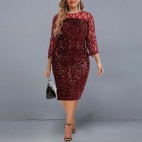 Womens Summer Dress Elegant Sequin Evening Party Dresses 2022 Mesh Patchwork Casual Midi Dress Wine Red Wedding Club Outfits