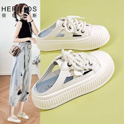 【Hot Sale】 Horelles Baotou half slippers women 2023 new summer all-match lazy white shoes thick-soled hollow sandals and