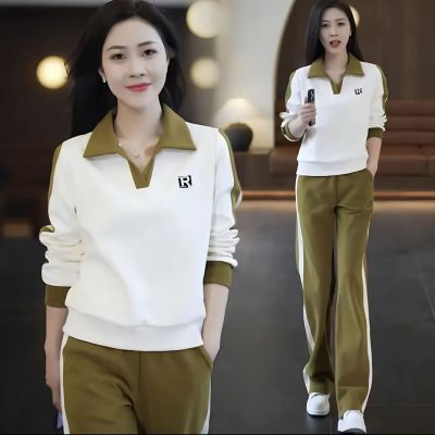 [Spot] leisure sports suit womens spring and autumn slimming simple western style lapel sweater sweatpants two-piece suit 2023