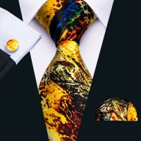 Men Tie Necktie Gravat Handkerchief Cufflinks Set Silk Ties Print Suit Party Business for Men Fashion Paisley Novelty Adult Gold Ties