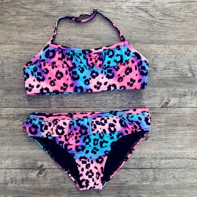 ↂ✈ Children Baby Girl Swimsuit Leopard Print Bikini Ruched Bikini Set Swimwear Swimsuit Bathing Clothes 7-14 Years Old Summer Child