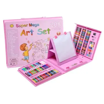 Double Sided Trifold Easel Art Set, Drawing Art Box with Oil Pastels,  Crayons, Colored Pencils, Markers, Paint Brush, Watercolor Cakes, Sketch  Pad (PINGK, 208) 