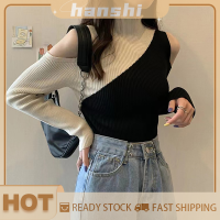 hanshi [2023 new HOT FASHION] lazlook เสื้อถักแขนยาวเปิดไหล่เสื้อคอสูงครึ่งตัวของผู้หญิงสีตัดกัน