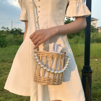 Fashion Rattan Pearls Chain Women Shoulder Crossbody Bags Wicker Woven Beading Handbags Handmade Summer Beach Straw Bucket Bag