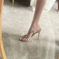 ladies heels รองเท้าส้นสูงผู้หญิงฤดูร้อนฝรั่งเศส 2023 ใหม่สีทองแฟชั่นส้นเข็มร้อยรองเท้าส้นสูง