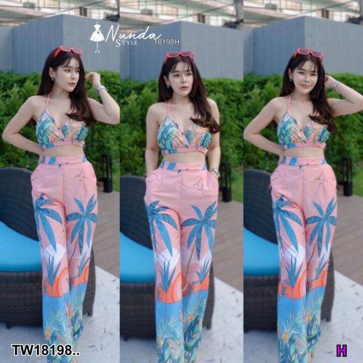 tw18198-set-2-ชิ้น-เสื้อสายผูกไหล่-พิมพ์ลาย-กางเกงขายาว