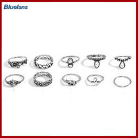 Bluelans 10Pcs ผู้หญิง Punk ดอกไม้นูนต่ำวินเทจเครื่องประดับแหวนวงเดือน Midi ชุด (Silver)