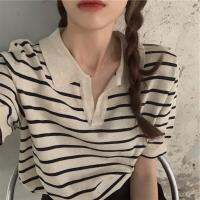 COD DSFDEFERWWWW Women Striped Shirts Vintage Office Y2k Top V-neck Summer Harajuku BF Classic Soft Loose Blouse