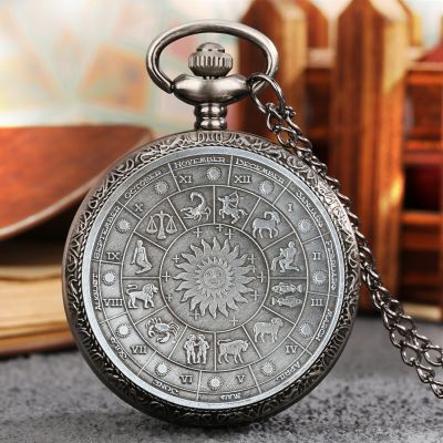 【CW】℗  Constellation Commemorative Coins Pattern Steampunk Necklace Watches Pendant