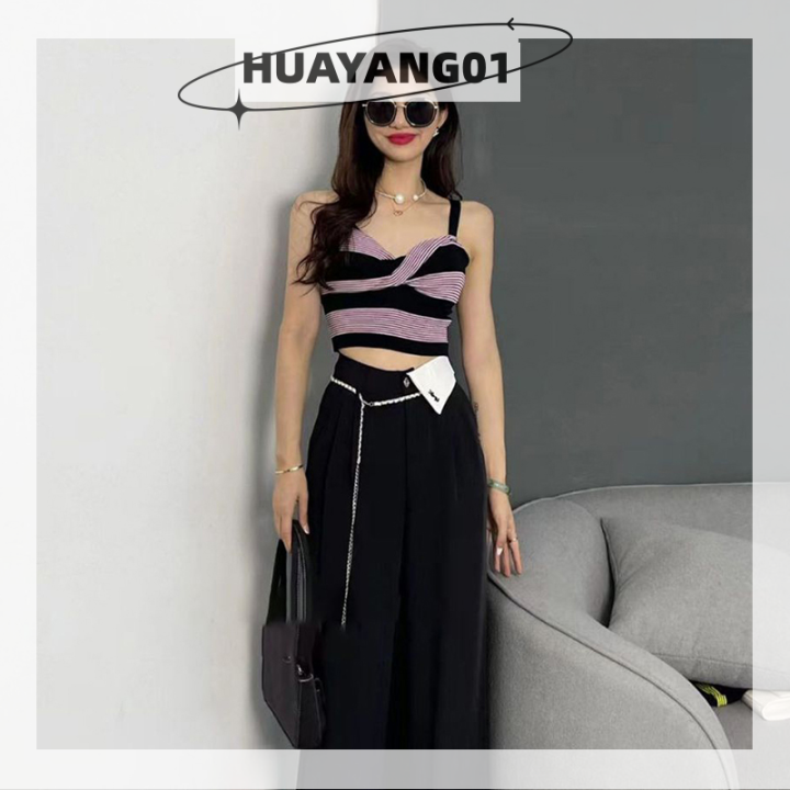 huayang01-2023-new-hot-fashion-lazlook-เสื้อกล้ามสายถักสีตัดกันแฟชั่นผู้หญิงเสื้อกล้ามเก๋ๆแขนกุดสุดชิค