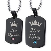 His Queen Her King Engraved Lettering Dog Tag Pendant Necklaces for Couple Lovers 2PCS Women Men Necklace Set (A)