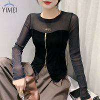 YIMEI เสื้อแฟชั่นคอกลมพื้นด้านล่างสำหรับผู้หญิง,ใหม่2023ฤดูใบไม้ร่วงซิปเสื้อแขนยาวเสื้อเชิ้ตชายเสื้อยืดสองส่วน