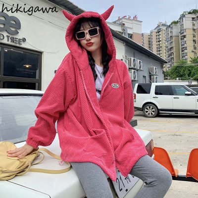 Hikigawa Korean Fashion Zip-up Jackets Women Fall Clothing Hooed Loose Casual Tops Oversized Outwear Harajuku Streetwear Coat