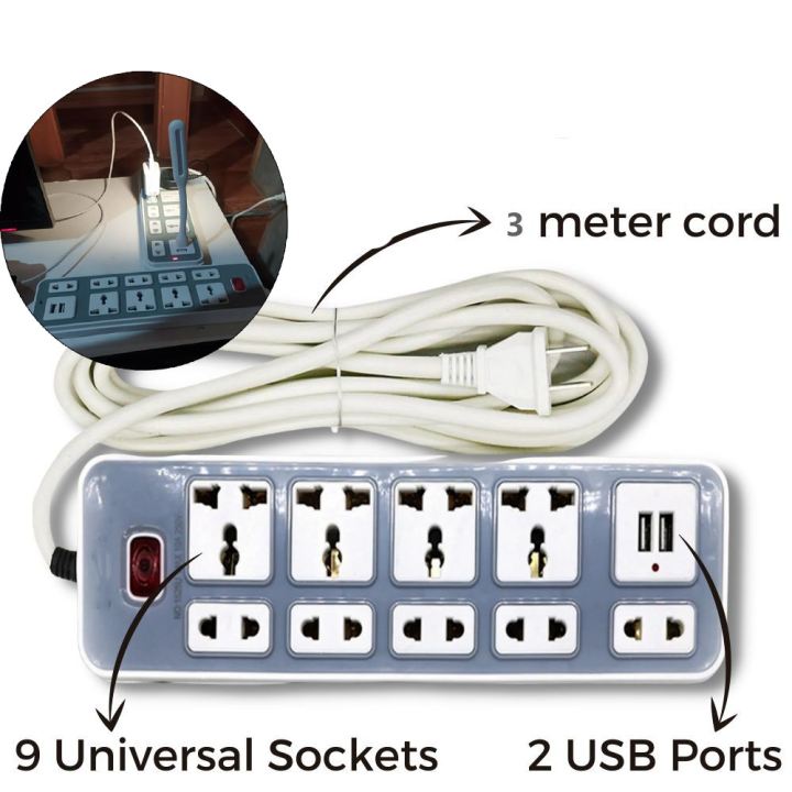 EXTENSION(GREY) 3 Meters Extension Cord with Multiple Socket and 2 USB