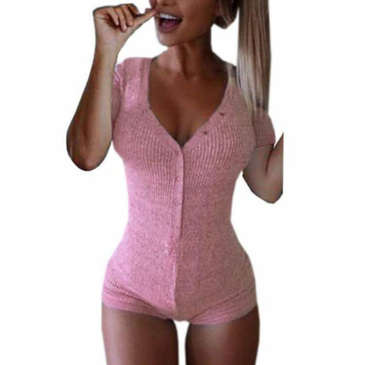 2023-new-sexy-bodysuits-women-rompers-club-lady-button-neck-short-sleeve-solid-bodycon-slim-femme-cotton-knit-body-suit-gv282