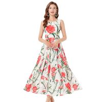 Women Maxi Dress Fashion Retro Summer New Carnation Print Pleated Dress Tight High Waist Big Swing A-line Dress