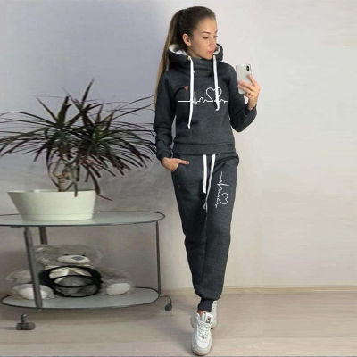 Two Piece Set Tracksuit Women Autumn Spring Hooded Hoodies and Pants Love Heart Pullover Sweatshirts Suit Casual Female Clothes