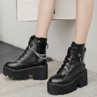 【CW】 Sexy New Chain Women Leather Autumn Boots Block Heel Gothic Black Punk Style Platform Shoes Female Footwear High Quality