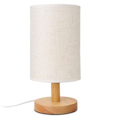 Round Bedside Table Lamp Nightstand Lamp with Fabric Shade and Solid Wood for Bedroom, Living Room Modern Office