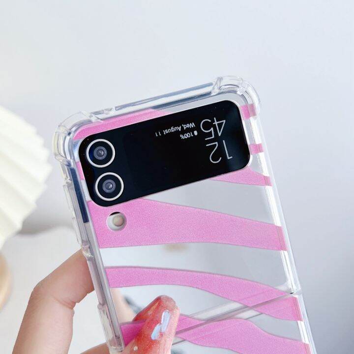 hoce-zebra-เคสโทรศัพท์กระจกรูปทรงสำหรับ-samsung-galaxy-z-flip-4-z-พลิก3กรณีแฟชั่นผู้หญิงสีชมพูกันกระแทก