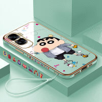 เคส Hpcase เคสสำหรับ Honor 90 5G 90 Lite 5G ฟรีสายคล้องการ์ตูนน่ารักสีเทียน Shinchan เคสลายขอบสี่เหลี่ยมชุบเคสโทรศัพท์เคสโทรศัพท์นิ่มชุบหรูหรา