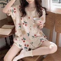 Pajama Sets Turn-down Collar Short Sleeve Women Summer Grid Cherry Bear Print Cartoon Kawaii Trendy Womens 2pcs Pyjamas Elegant