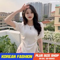 Plus size เสื้อผ้าสาวอวบ เสื้อยืดสาวอวบอ้วน ไซส์ใหญ่ ผู้หญิง เสื้อยืดรัดรูป แขนสั้น คอกลม เชือกรูด สีขาว ฤดูร้อน สไตล์เกาหลีแฟชั่น