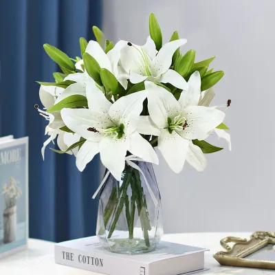 5Pcs 38cm White Lily Artificial Flowers Party Wedding Bridal Bouquet Fake Plant for Living Room Home Garen Decoration Real Touch Artificial Flowers  P