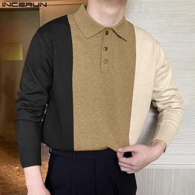 เสื้อถักเสื้อเชิ้ตผ้าต่อสีปกแขนยาวสำหรับผู้ชาย INCERUN เสื้อเสื้อเชิ้ตเป็นทางการสำหรับธุรกิจลำลอง (สไตล์เกาหลี)