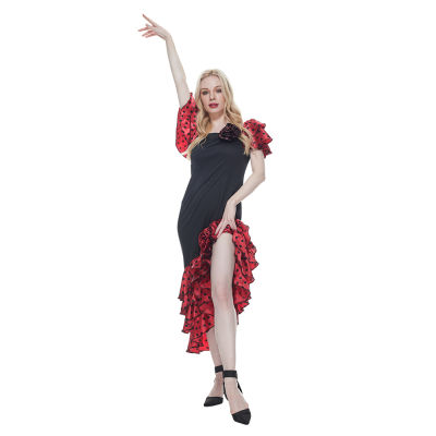 ผู้หญิงสีดำและสีแดง Layered ซาติน Maxi ชุด Flamenco สเปน Belly Dance Gypsy เม็กซิกันบัลเล่ต์พื้นบ้านเครื่องแต่งกาย