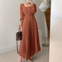 Elegant Square Collar Dresses Woman Belt Lantern Sleeve High Waist Pleat Dress Woman Clothing Korean Business Maxi Dress Female